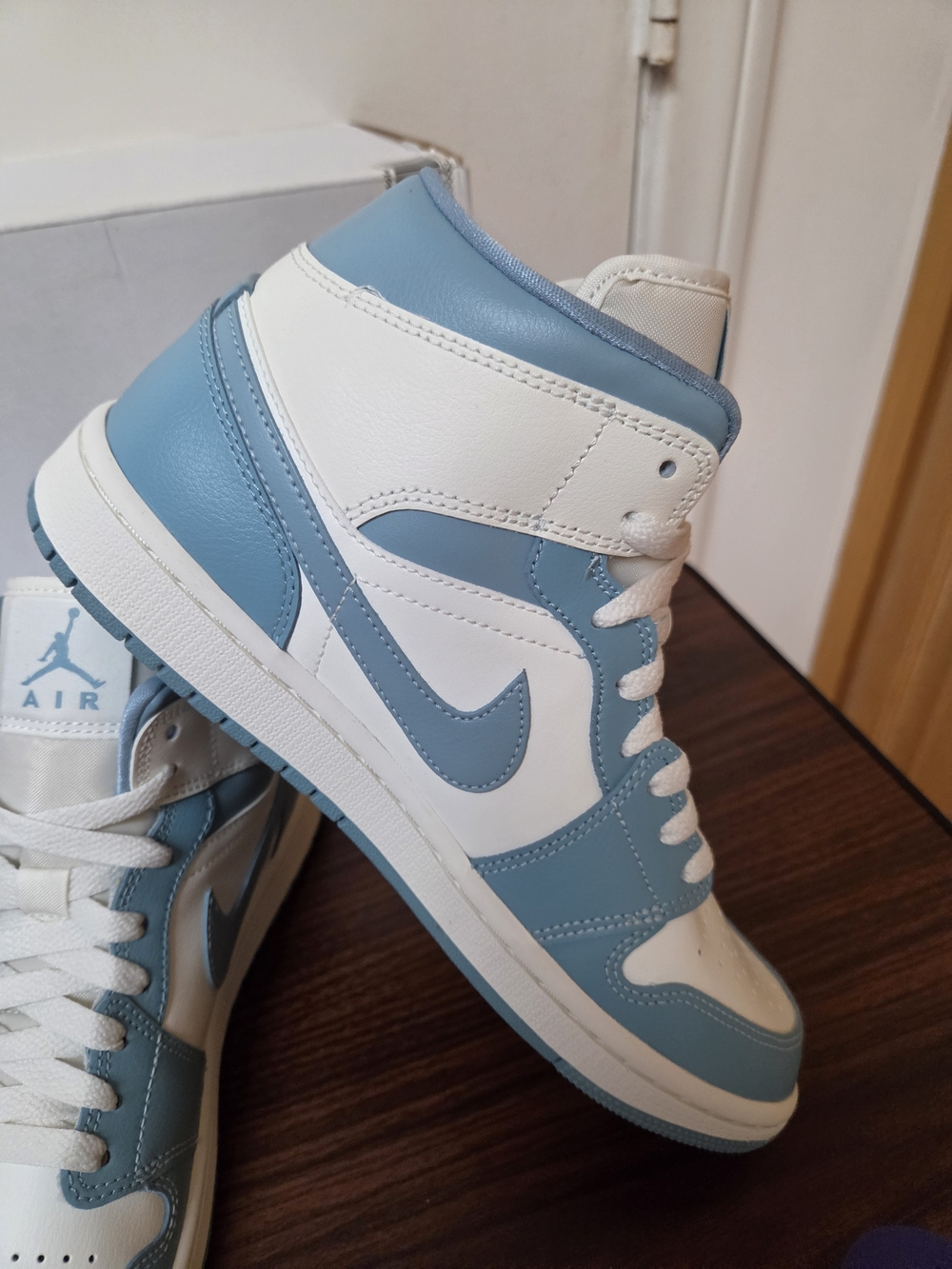 Brand New AJ1-Mid Women's High-Top Sneakers in White and Light Blue